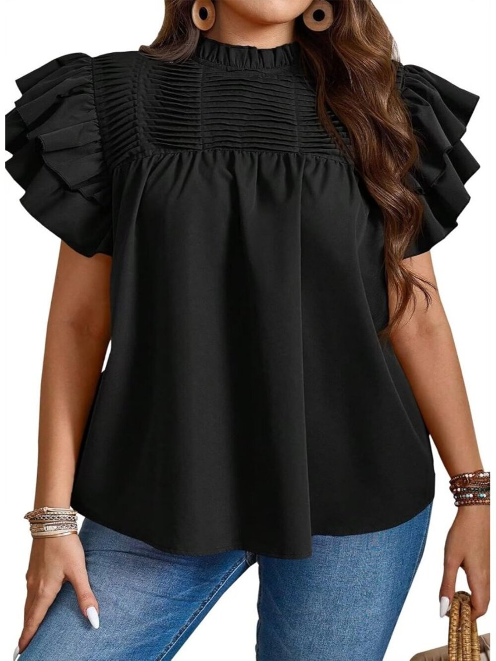 〽️Women Black Mock Neck Pleated Tunic Loose Fit Ruffle Sleeve Summer Tops